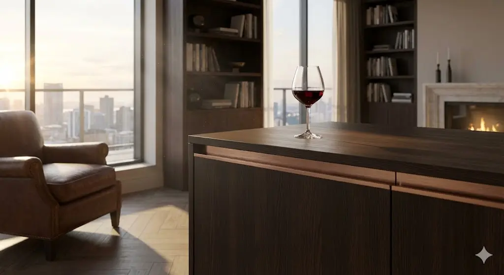 정숙한 서재에 배치된 무진동 무소음 커피냉장고의 정적인 모습