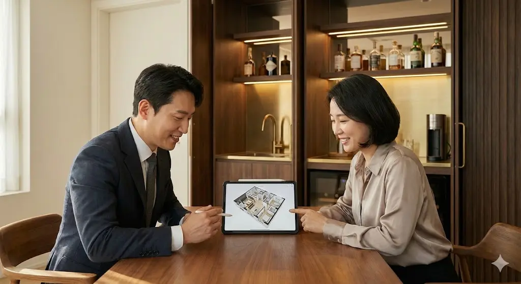 커피냉장고 매립 설계를 논의하는 한국인 인테리어 전문가와 운영자