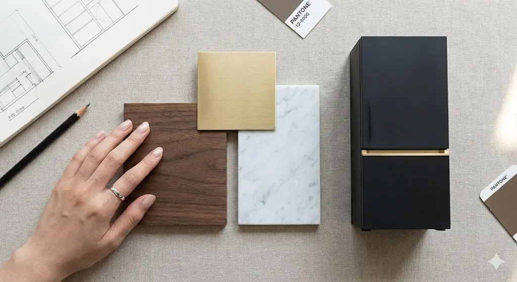 커피냉장고 커스텀 제작을 위한 다양한 고급 내장재 샘플들