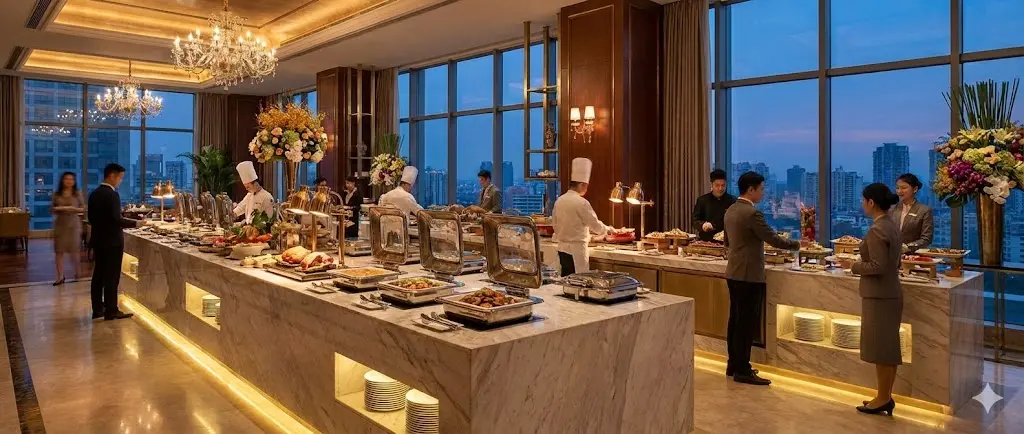 호텔 뷔페 카운터에 매립 설치된 프리미엄 업소용보온고 전경