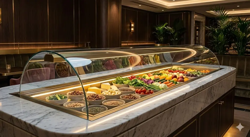 럭셔리 샐러드 매장에 설치된 프리미엄 토핑테이블냉장고