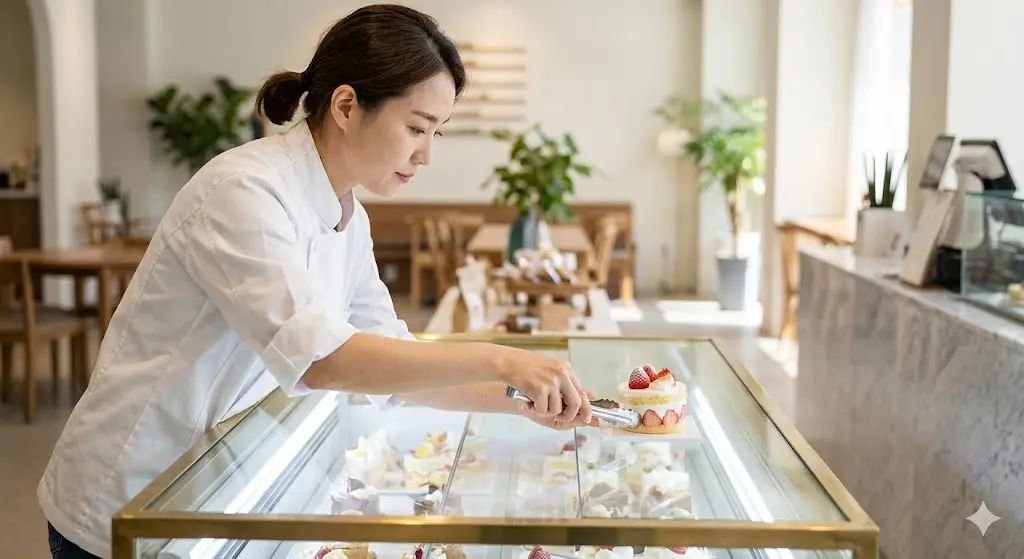 제과쇼케이스냉장고에 케이크를 진열하는 한국인 파티시에