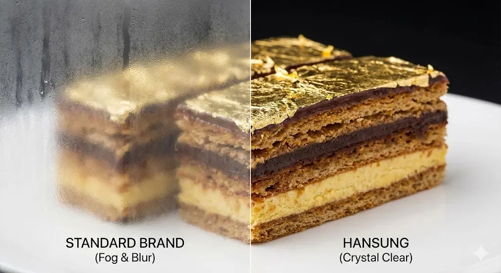 일반 쇼케이스와 한성쇼케이스의 유리 투명도 비교 시각 자료