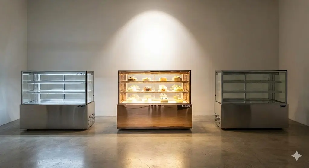 다양한 브랜드의 제과쇼케이스냉장고를 비교 전시한 쇼룸 전경