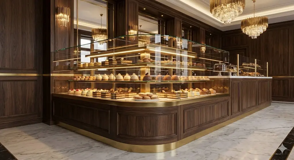 럭셔리 베이커리에 설치된 결로 없는 프리미엄 제과 쇼케이스