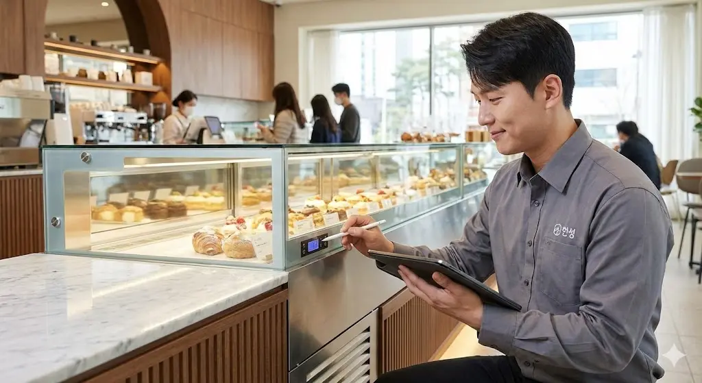 제과쇼케이스냉장고를 꼼꼼하게 점검하는 한국인 기술 전문가