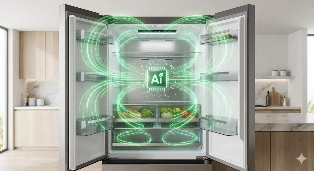 냉장고의 에너지 효율 기술을 상징하는 하이테크 그래픽