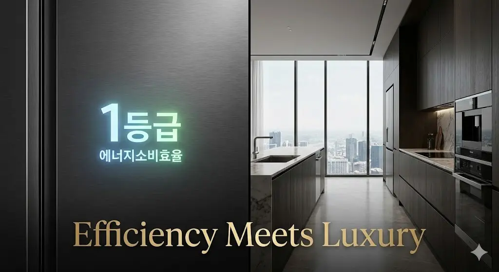 럭셔리 주방에 설치된 1등급 에너지 효율 업소용 냉장고