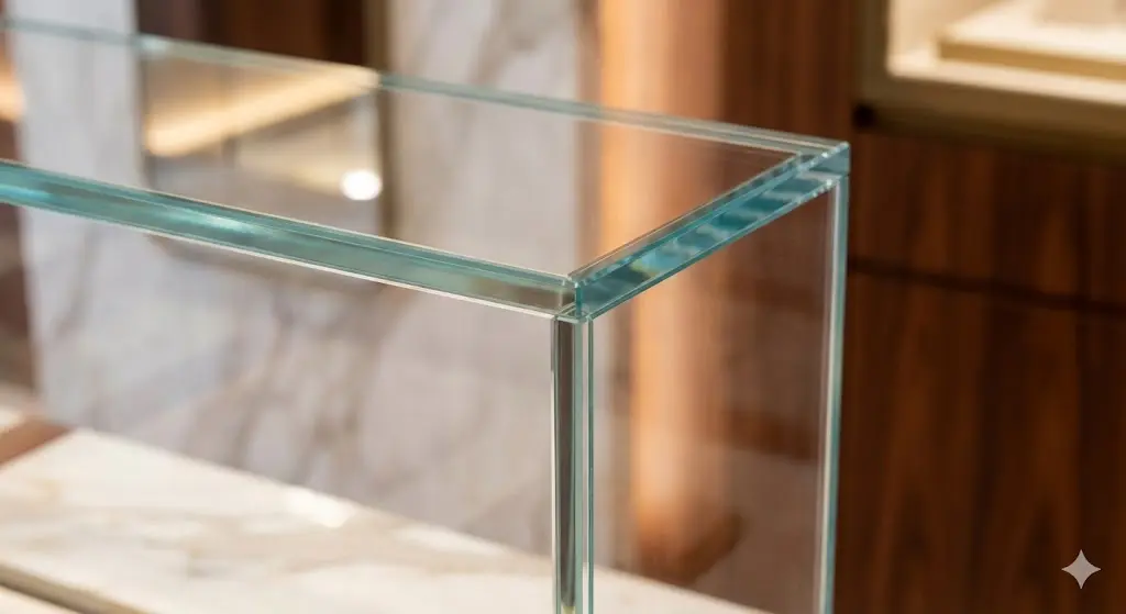 쇼케이스진열장의 투명한 유리 접합부 디테일