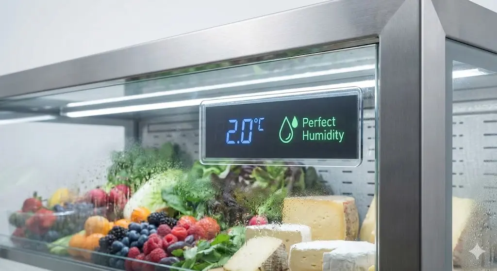 쇼케이스진열장의 온도 관리 시스템을 보여주는 디지털 패널