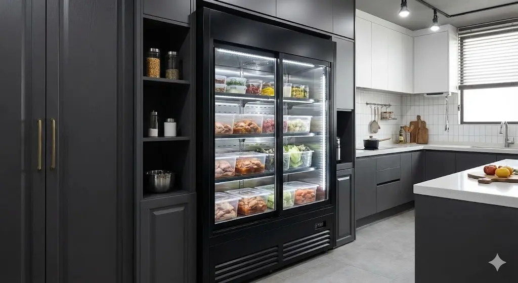 한성쇼케이스의 프리미엄 냉장고. 세련된 디자인과 내부 조명으로 식재료의 신선함을 고객에게 직접 어필할 수 있습니다.