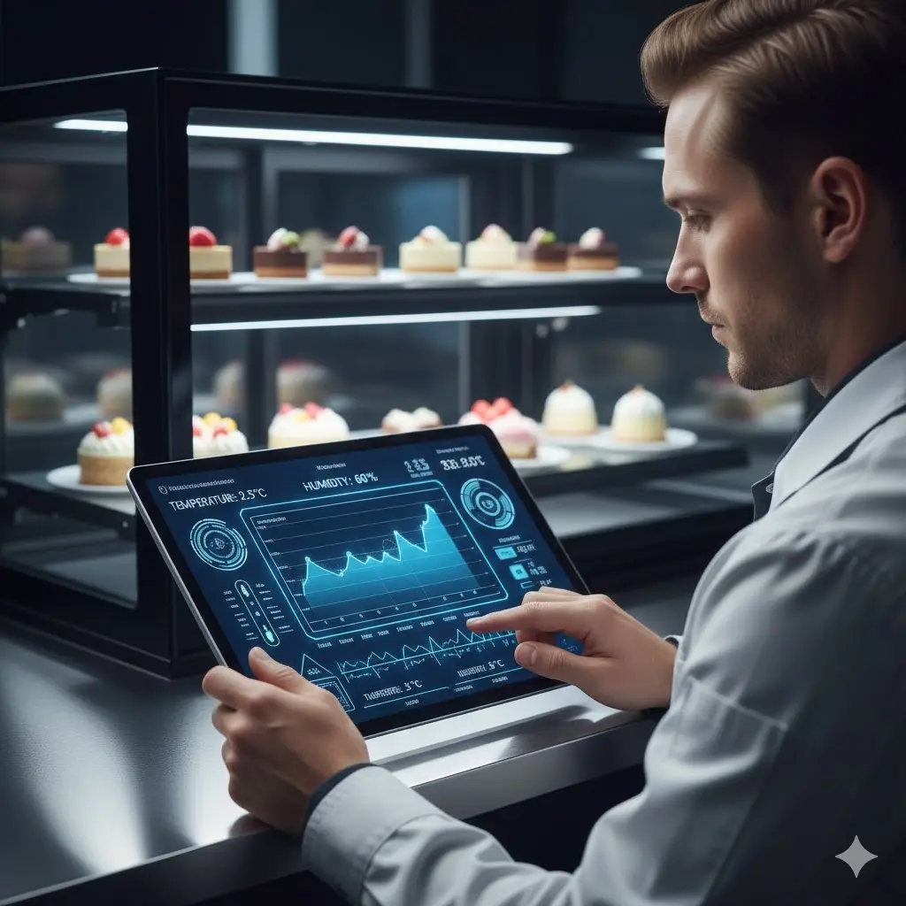 태블릿을 통해 쇼케이스의 온도와 습도를 실시간으로 모니터링하는 스마트 제어 시스템.