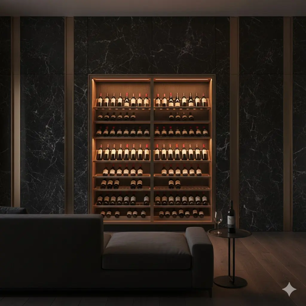 어두운 대리석과 골드 소재로 꾸며진 벽면에 완벽하게 매립된 명품 빌트인 와인냉장고 