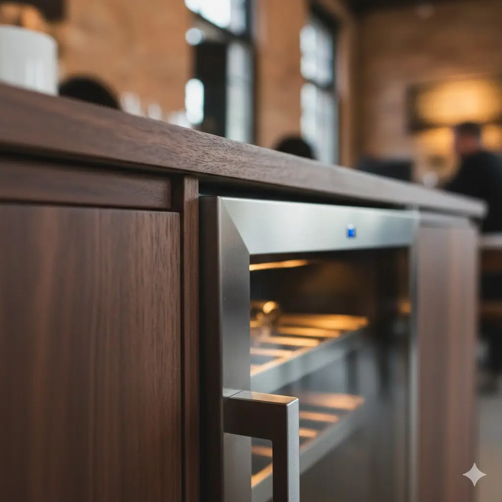 목재 하부장과 빈틈없이 수평을 이루며 설치된 한성쇼케이스 빌트인 냉장고의 디테일 컷.