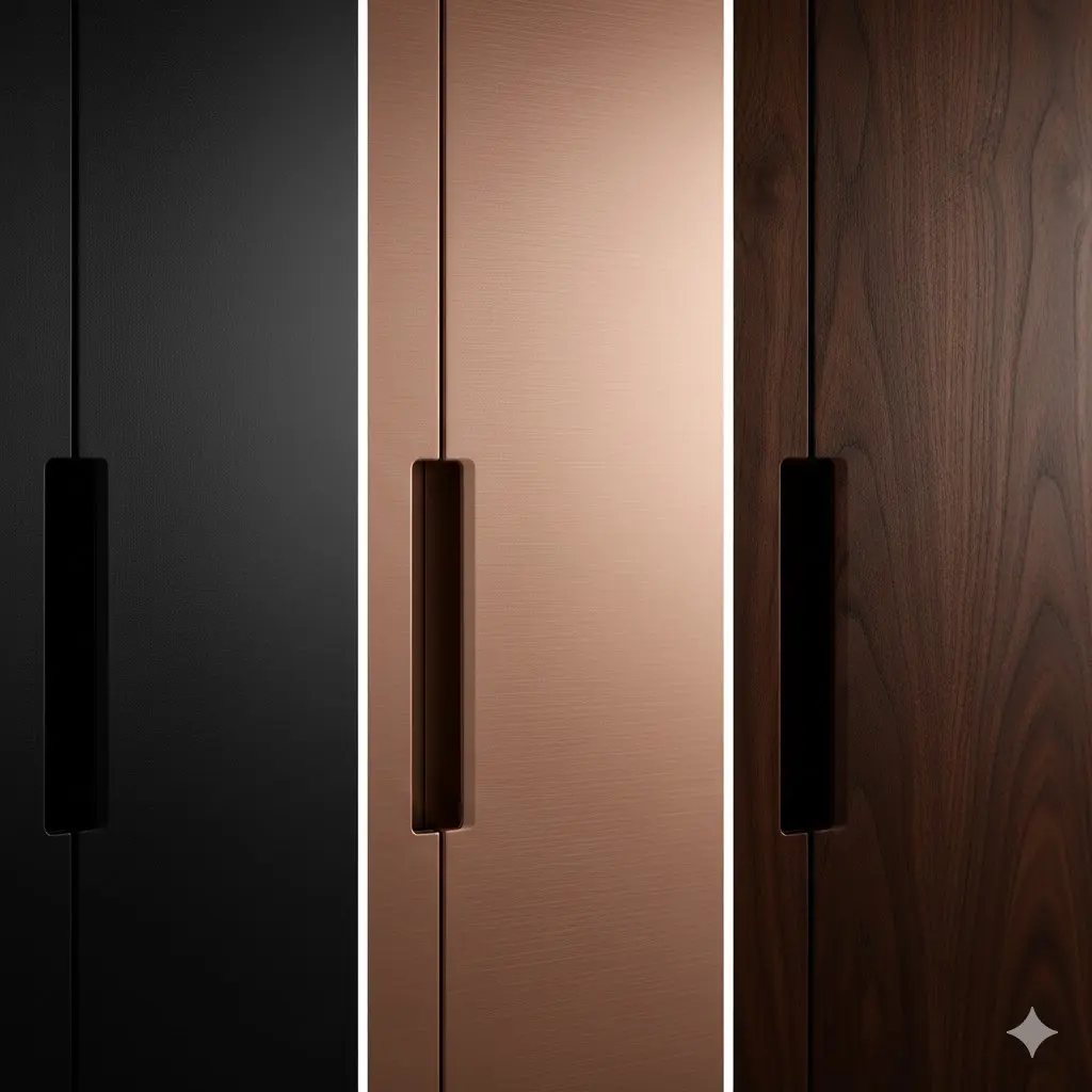 블랙 메탈, 로즈 골드, 월넛 우드 등 다양한 재질로 제작된 와인냉장고 도어 샘플.