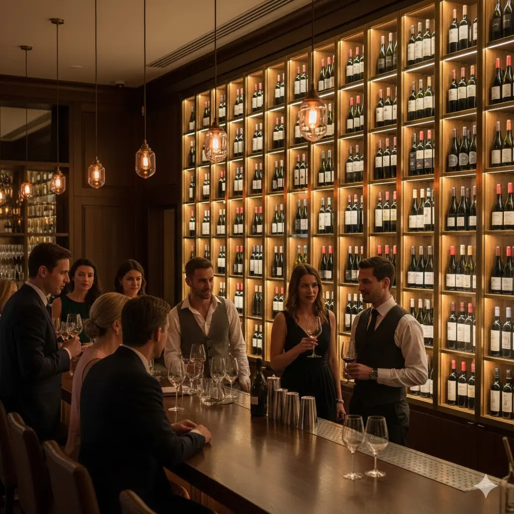 카페 바 뒤편에 예술 작품처럼 설치된 와인 셀러를 감탄하며 바라보는 고객들의 모습.