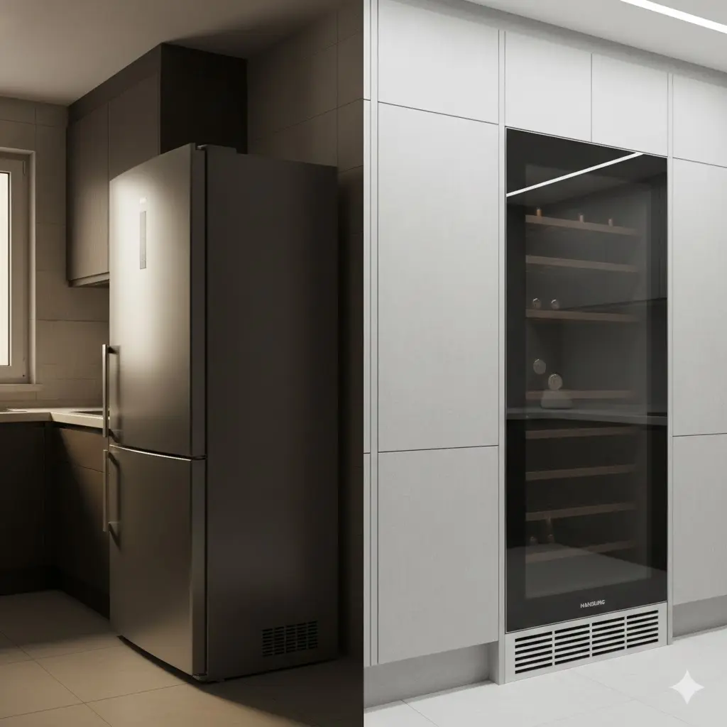 주방 인테리어에서 돌출된 일반 냉장고와 깔끔하게 매립된 한성 빌트인 냉장고의 시각적 비교.