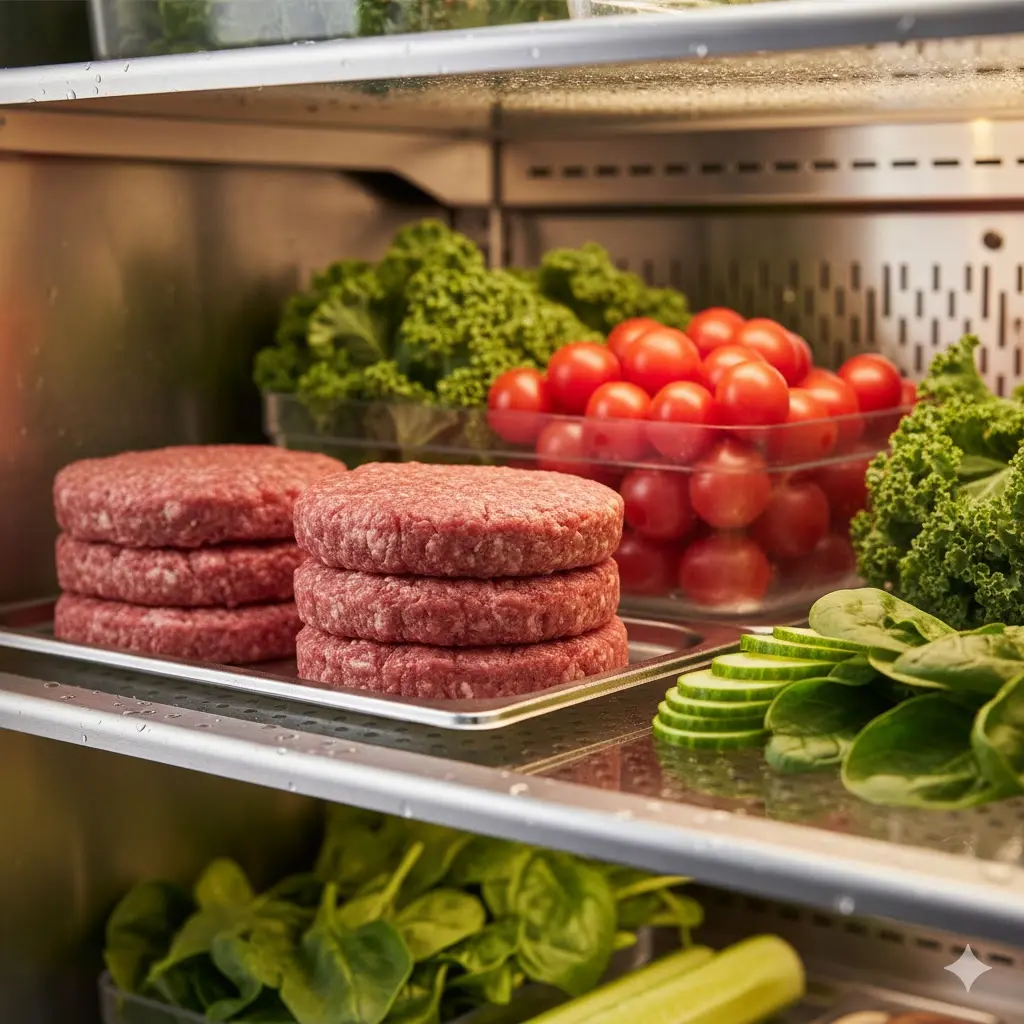 신선한 패티와 채소들이 정갈하게 정리된 햄버거 냉장고 내부 모습.