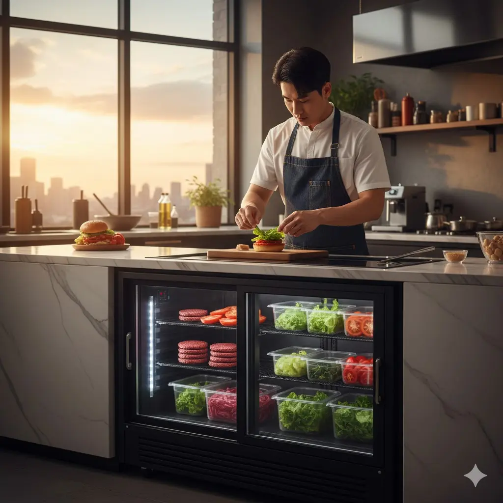 모던한 수제버거 매장 주방에 설치된 세련된 디자인의 빌트인 햄버거 냉장고.