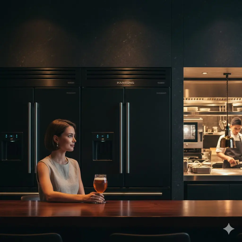 매장의 품격 있는 주방 기기를 감상하며 만족해하는 고객의 시선