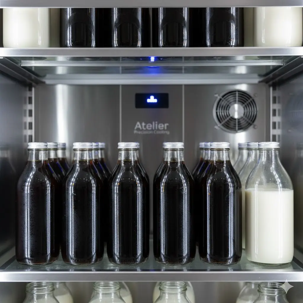 일반적인 카페용 냉장고와 가구처럼 매립된 한성 빌트인 냉장고의 디자인 비교 사진.