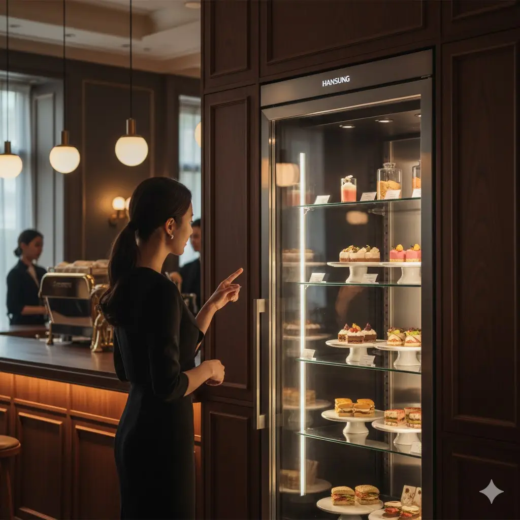 카페를 방문한 고객이 세련된 디자인의 한성 카페냉장고를 흥미롭게 바라보는 장면.