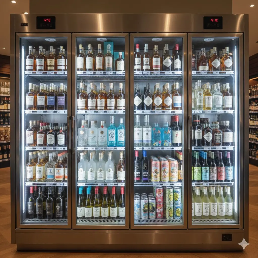 5단 선반 구조로 병과 캔을 효율적으로 수납한 메탈 쇼케이스 냉장고.