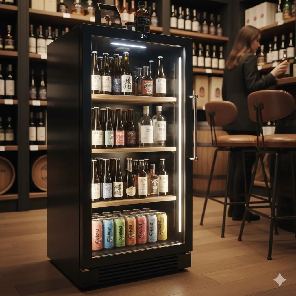 따뜻한 조명의 바(Bar)에서 은은하게 빛나는 프리미엄 주류 쇼케이스