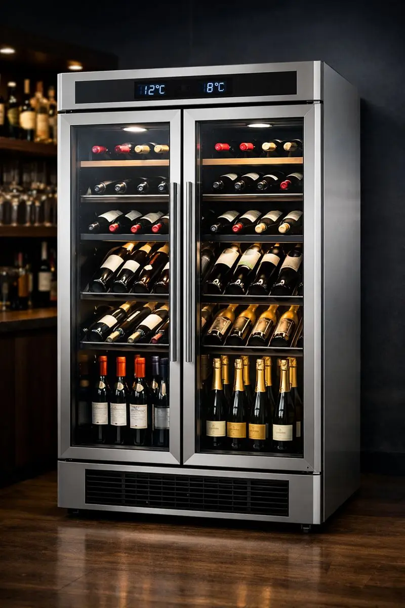 다양한 품종의 와인을 넉넉하게 보관할 수 있는 다단 선반 구조의 업소용 와인셀러