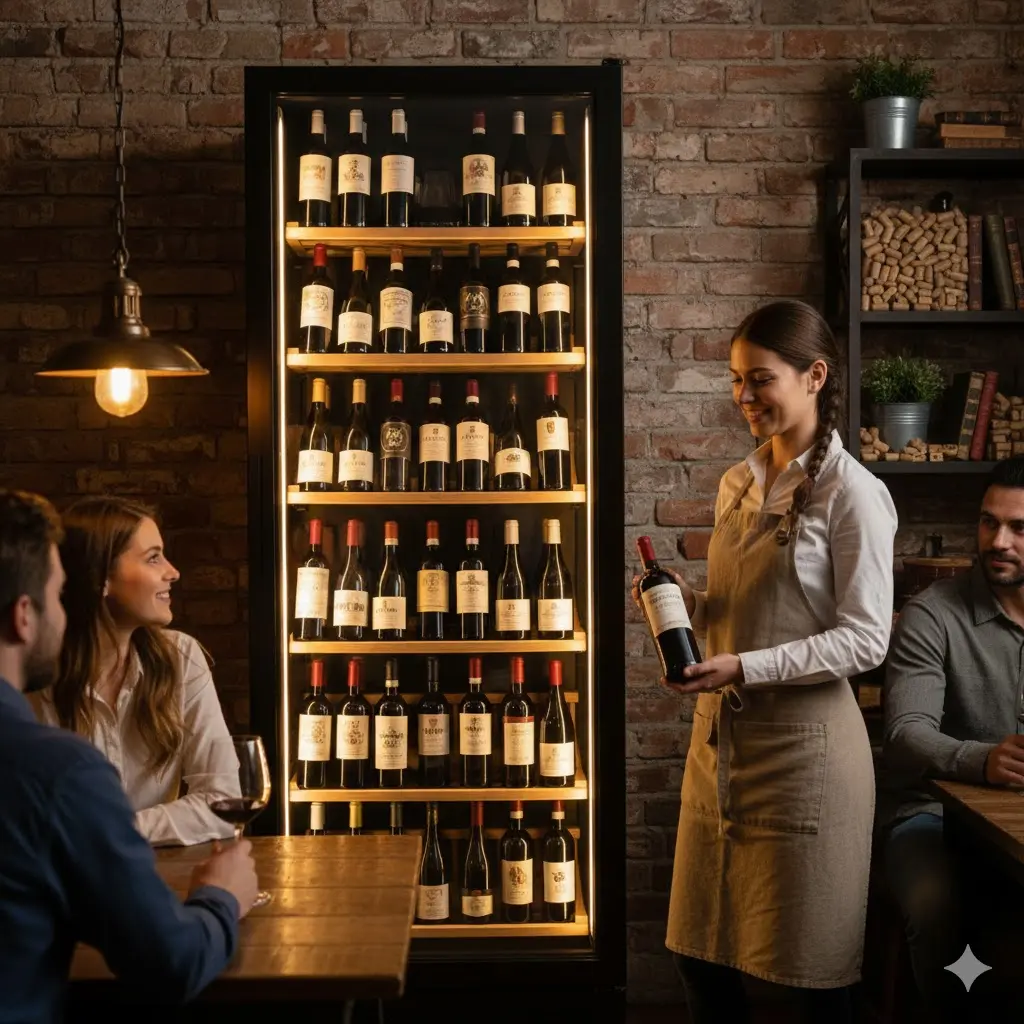 바텐더가 와인을 꺼내는 역동적인 모습과 함께 배치된 세련된 디자인의 주류 쇼케이스
