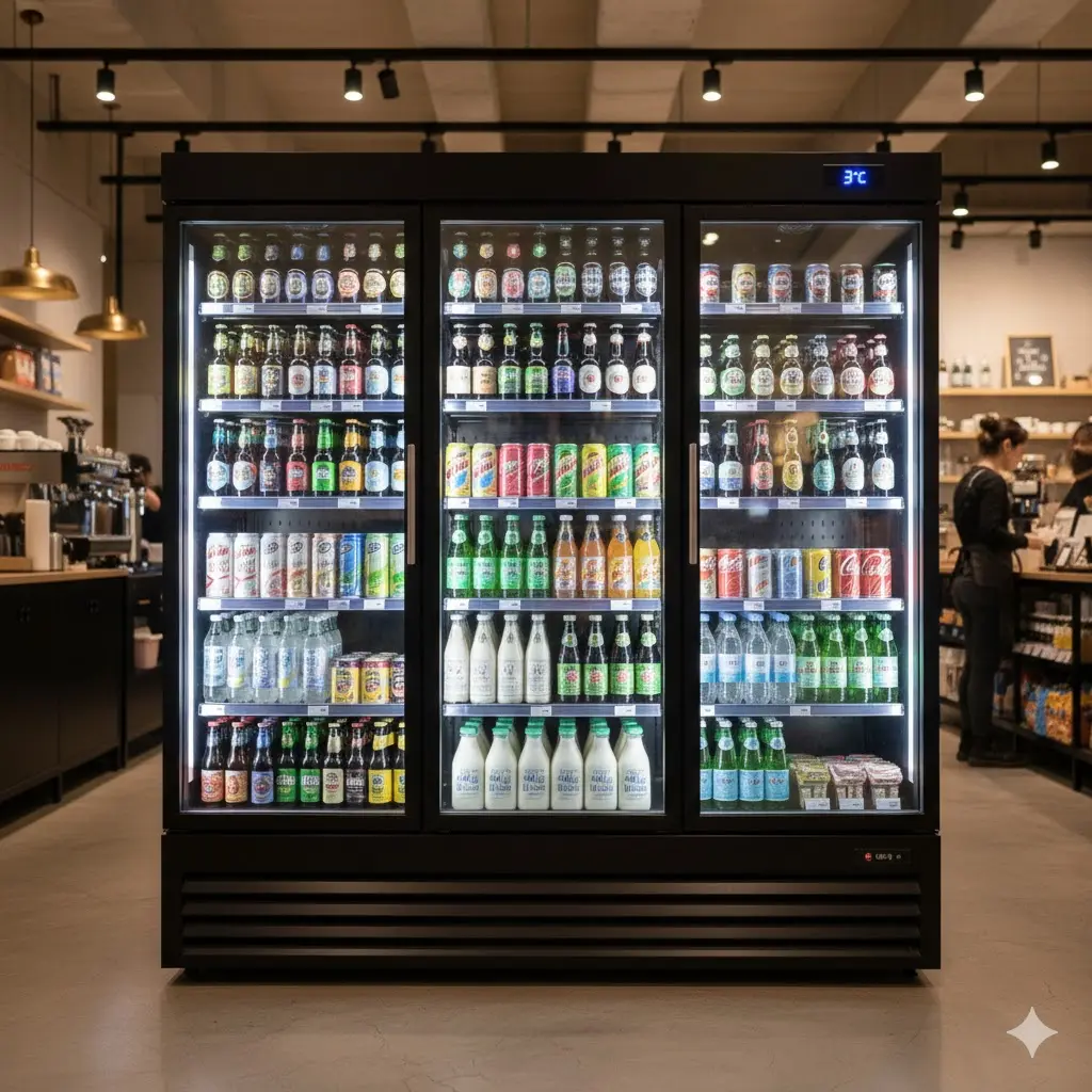 매장 동선에 맞춰 다각도에서 제품을 확인할 수 있는 유리 도어 블랙 업소용 냉장 쇼케이스