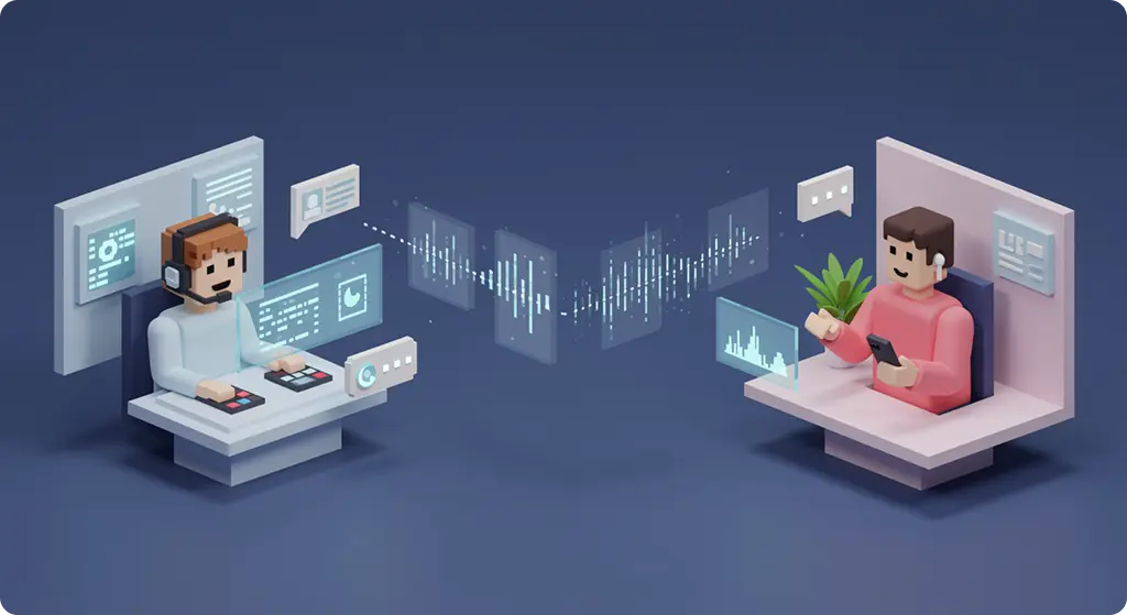 상담콜 AI 보이스 에이전트와 고객이 대화 중인 모습을 구현한 그림