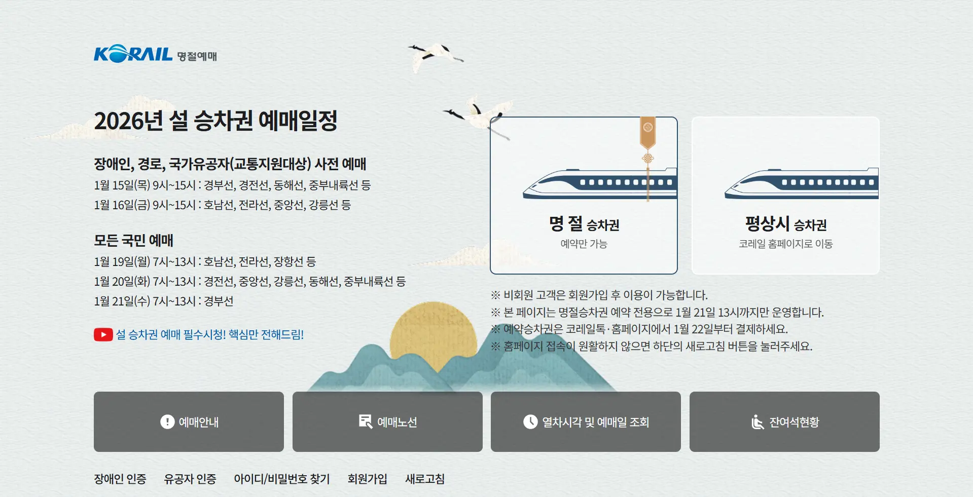 Korail 2026 Seollal Lunar New Year train ticket reservation schedule infographic showing pre-sale dates for disabled, elderly, and general public in January 2026.