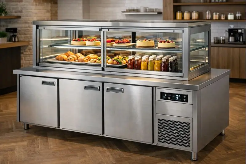 식당 테이블 위에 콤팩트하게 배치된 슬림한 디자인의 업소용 테이블형 냉장 쇼케이스