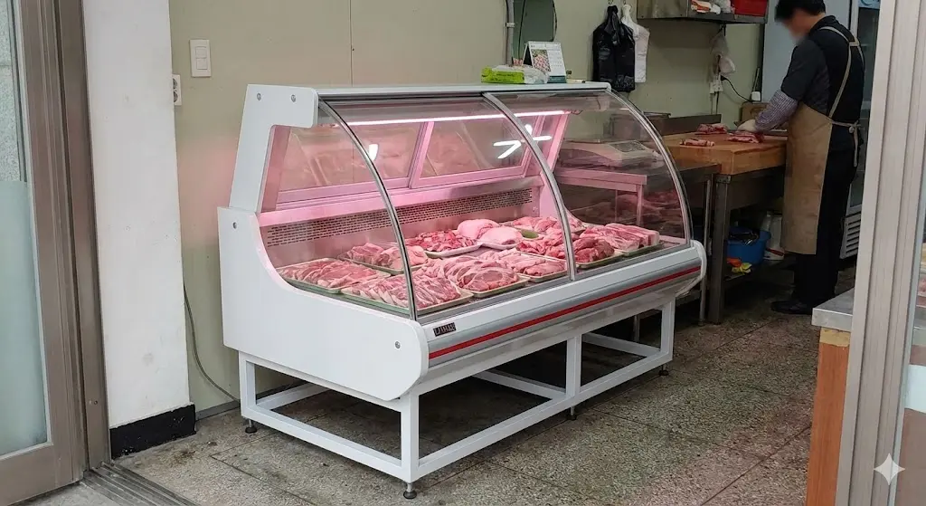 소규모 매장에서 주로 사용하는 실용적인 스탠드형 쇼케이스입니다. 가성비가 뛰어나지만, 공간을 차지하는 돌출형 디자인과 인위적인 핑크색 조명이 특징입니다.