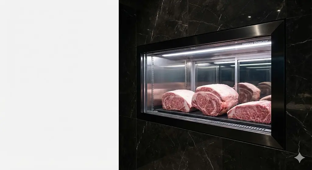 '제로-핏' 빌트인 냉장고의 실제 모습입니다. 고급스러운 소재와 완벽한 매립 시공으로 매장의 품격을 높이고, 고연색성 조명으로 고기의 가치를 극대화하는 프리미엄 솔루션입니다.
