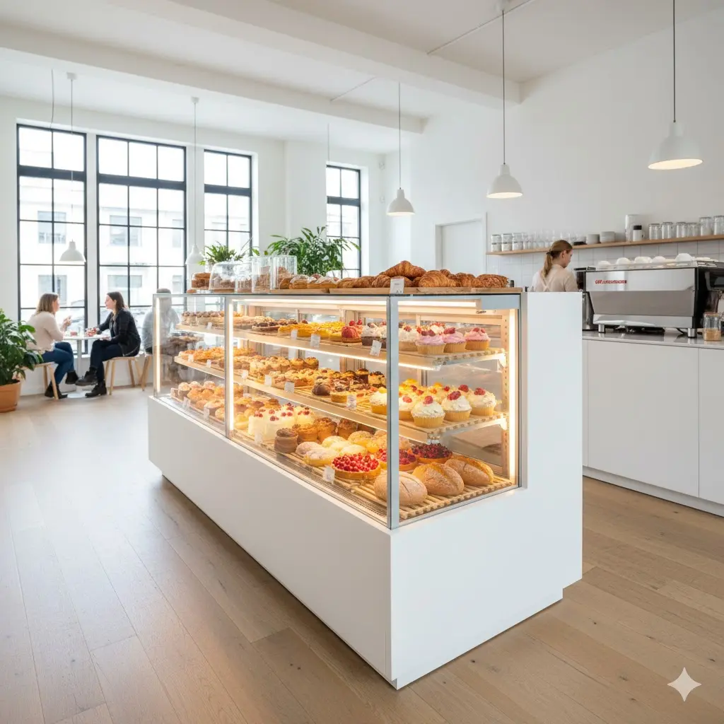 화이트 프레임으로 깨끗하고 위생적인 느낌을 주는 베이커리 전용 냉장 쇼케이스(빵 케이스)