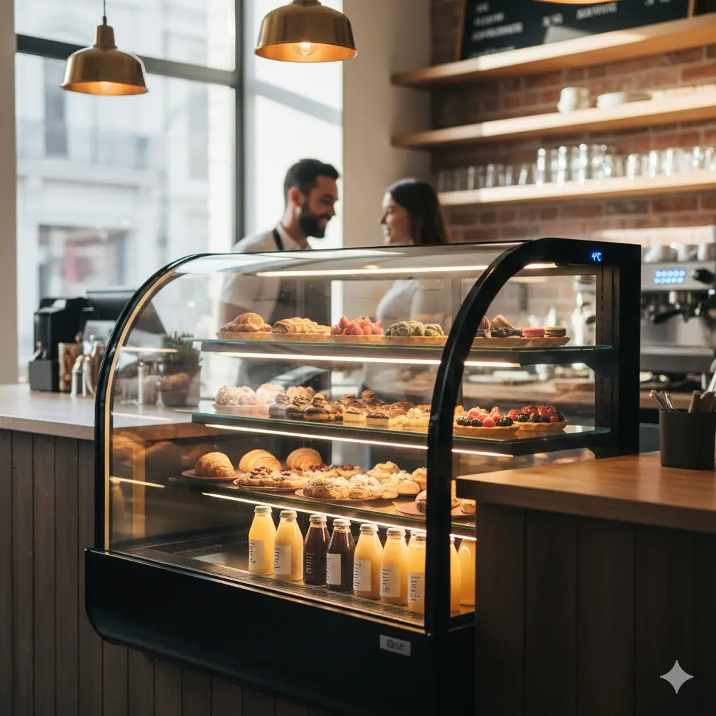 내부 LED 조명이 빵과 타르트의 색감을 살려주는 고급스러운 베이커리 냉장고(빵 케이스)