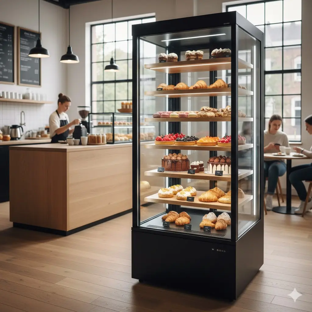 따뜻한 햇살이 들어오는 밝은 카페 중앙에 배치된 대형 베이커리 진열 쇼케이스(빵 케이스 냉장고)