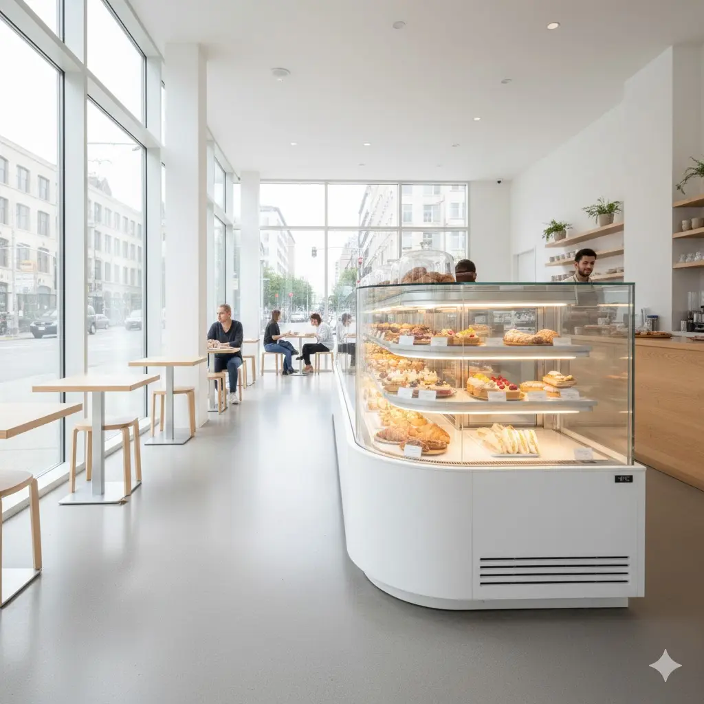 넓은 매장 전경과 조화를 이루는 화이트 베이커리 냉장고(빵 케이스)