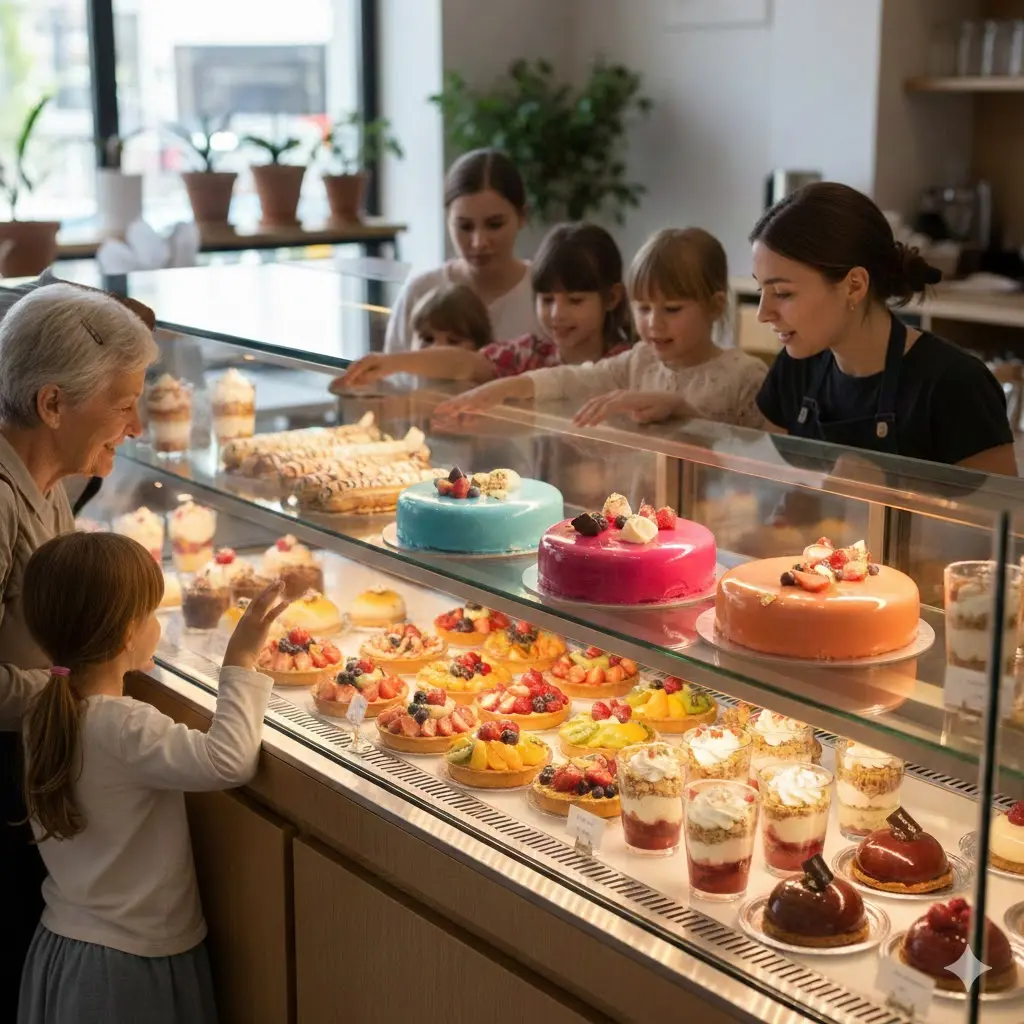 내부 디저트가 사방에서 선명하게 보이는 고투명 강화유리 투명 쇼케이스
