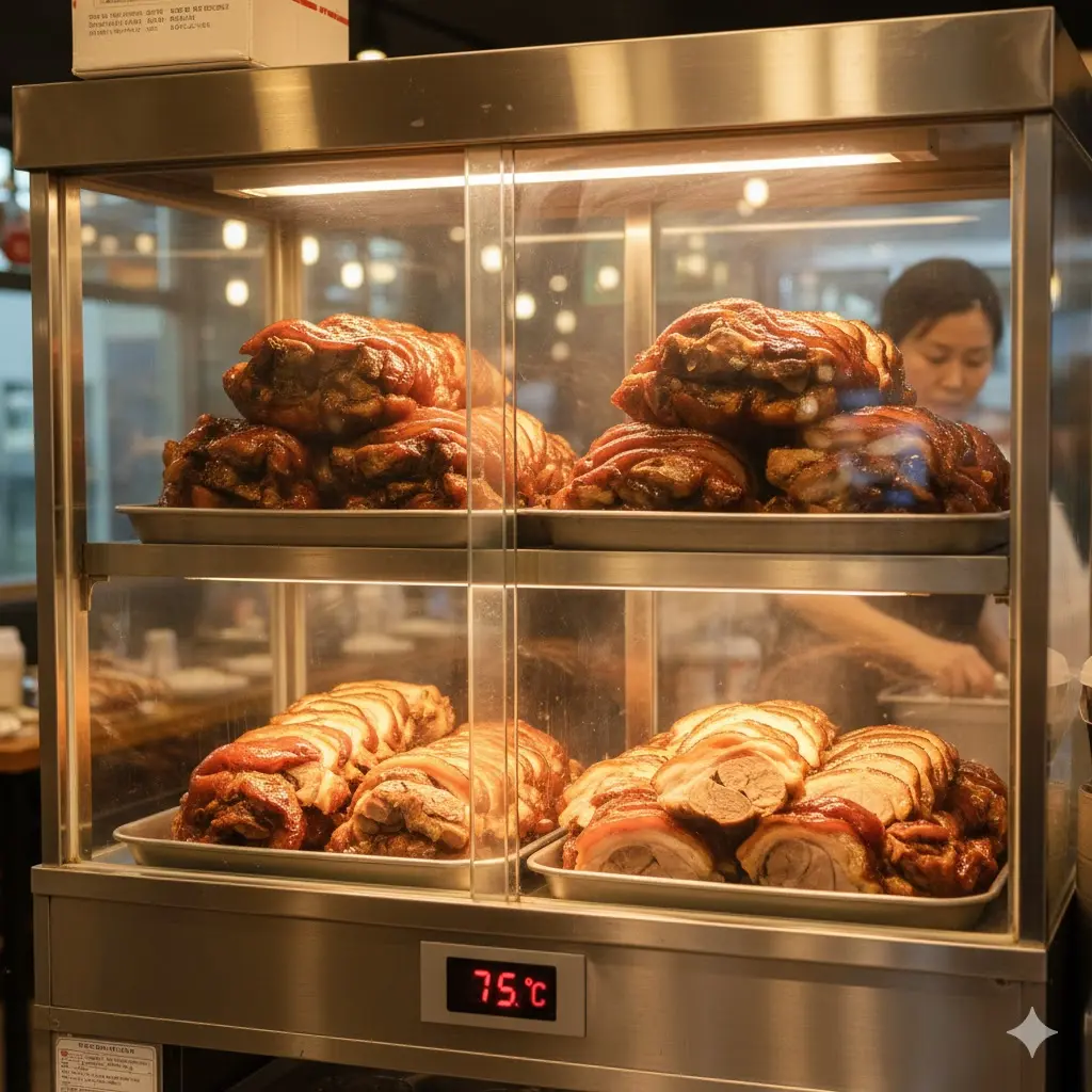 따뜻한 조명 아래 황금빛 족발 색감이 살아난 진열 컷 / 족발 온장고