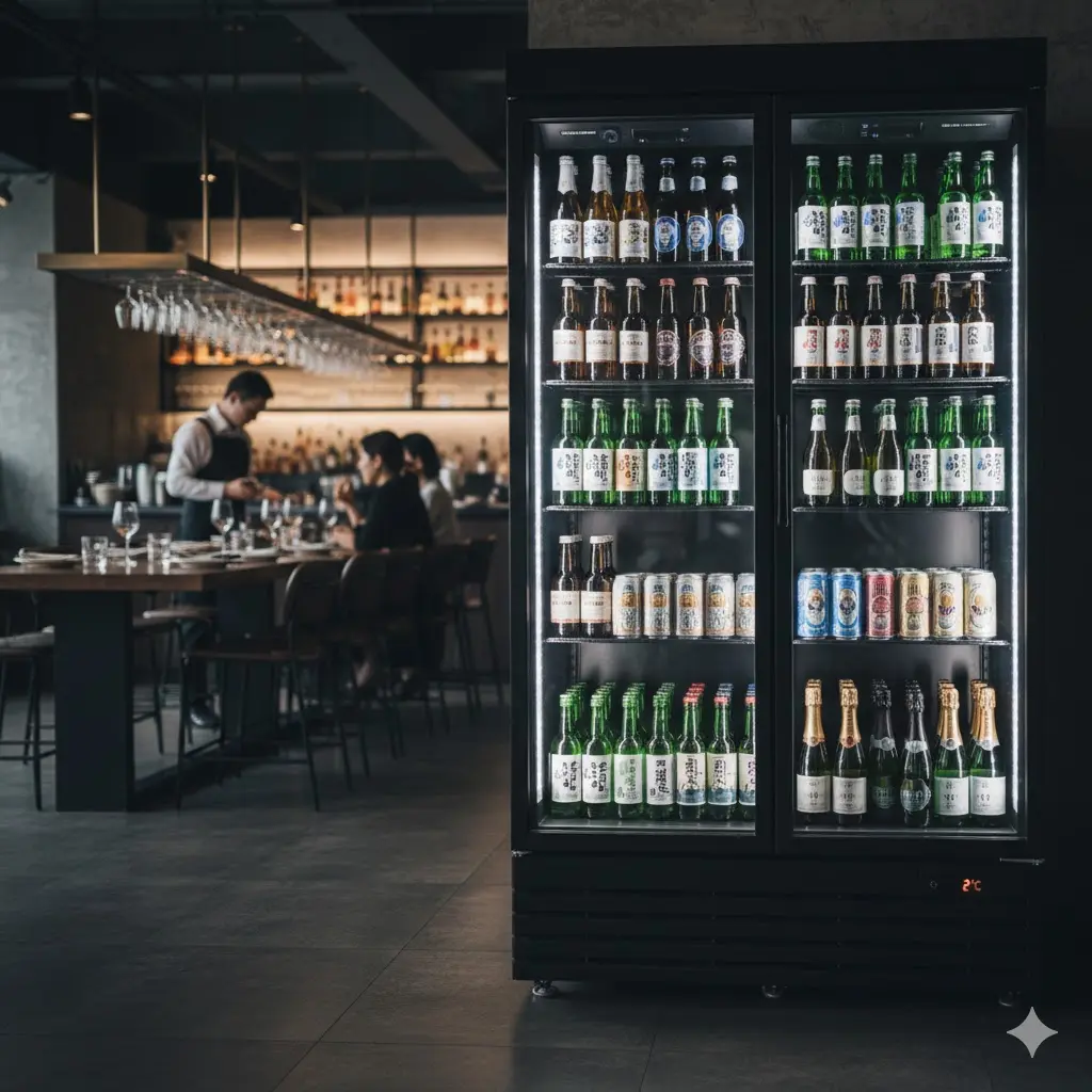 바 카운터 뒤 업소용술장고에 병맥이 진열된 전경