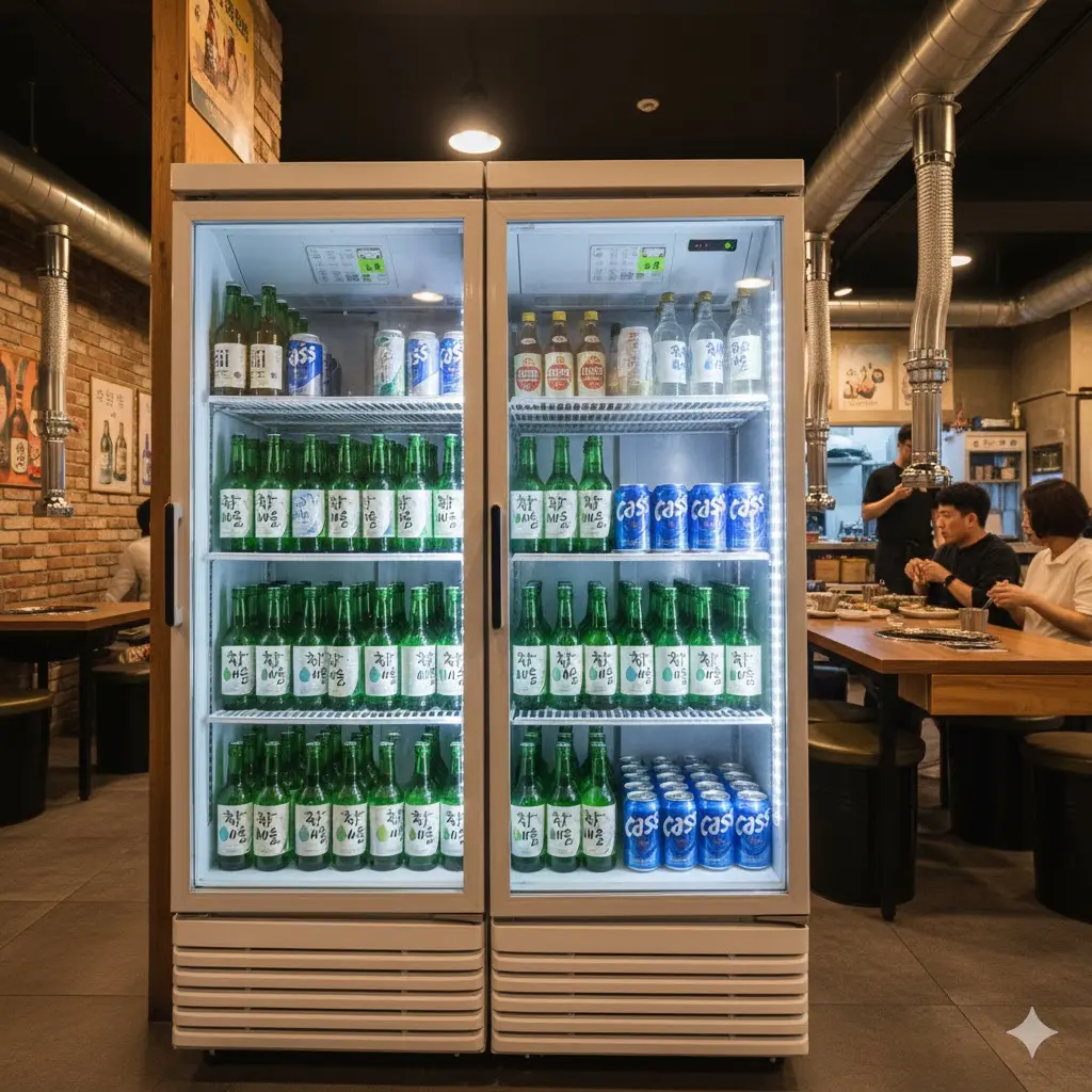 유리도어 결로(김서림) 없이 라벨이 선명한 업소용술장고 모습