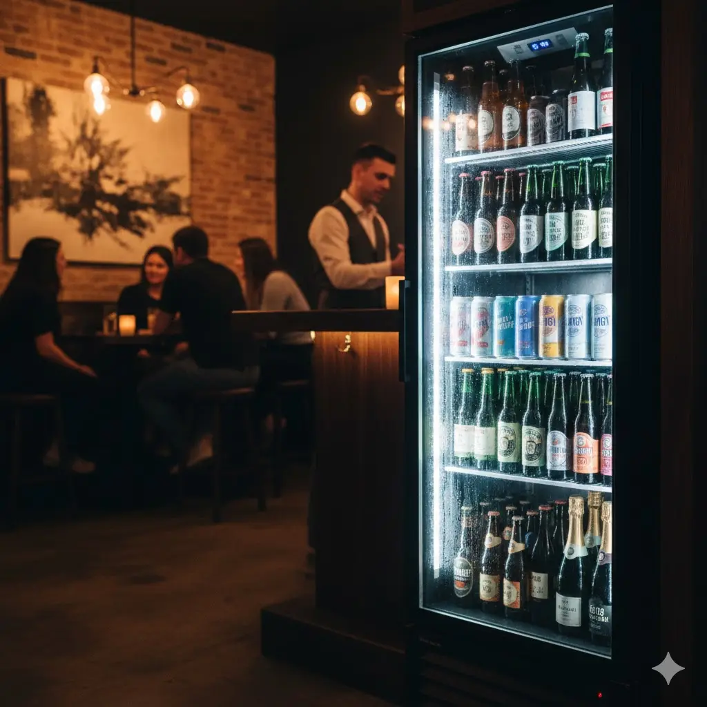 바 동선이 좁아 사이드에 업소용 술장고를 설치한 매장 전경