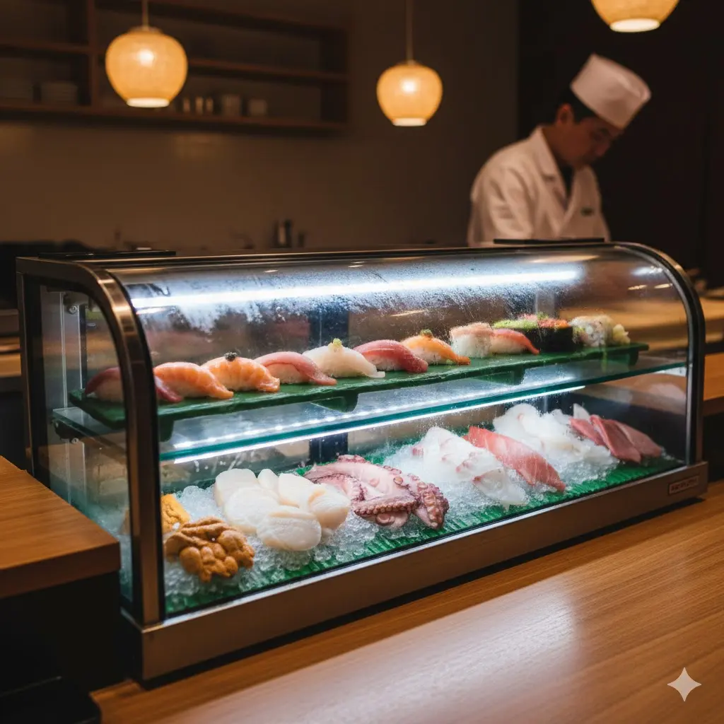 중고 냉장고가 따라올 수 없는 한성만의 정밀 온도 유지 기술로 지키는 초밥의 신선도 / 2단 쇼케이스