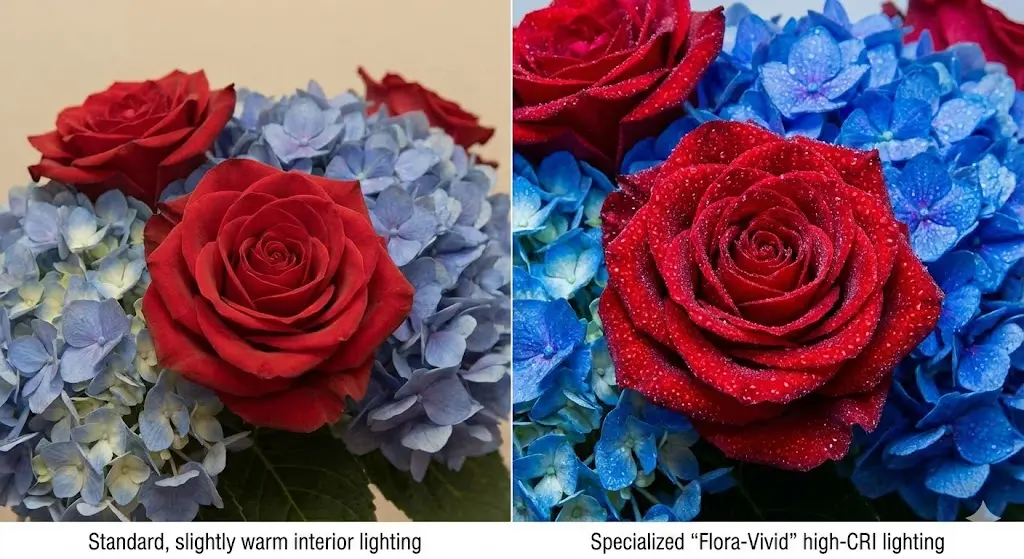 일반 조명과 대비되어 꽃잎의 이슬과 색감이 극적으로 살아나는 디테일 샷.