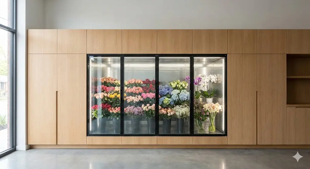 꽃집의 벽면 수납장과 냉장고가 경계 없이 하나로 이어진 깔끔한 인테리어 샷