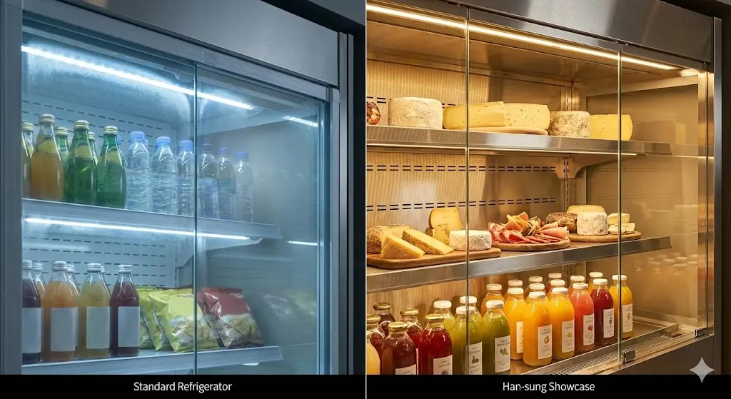 한성쇼케이스가 사용하는 최고급 소재와 특수 조명의 퀄리티를 클로즈업하여 시각적 신뢰도를 높입니다.