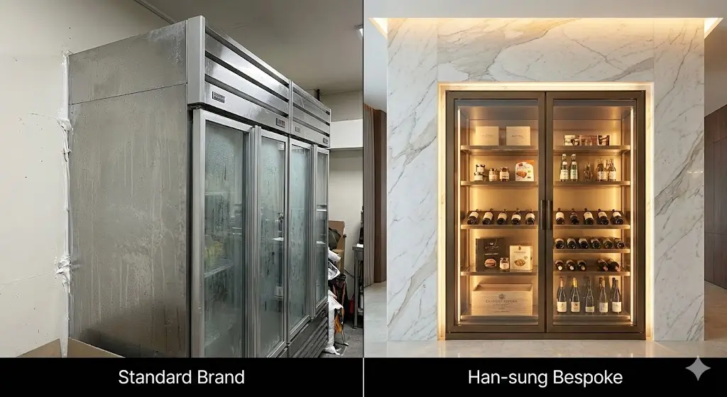 기성 제품의 투박함과 한성쇼케이스의 '제로-핏' 시공이 주는 공간적 차이를 극명하게 대조합니다.